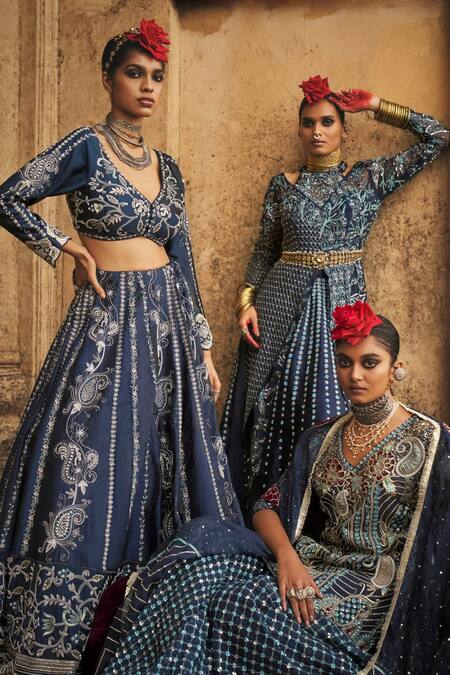Megha Bansal_Blue Tulle, Silk Organza, Viscose Neel Lubina Hand Kurta Sharara Set _Online_at_Aza_Fashions