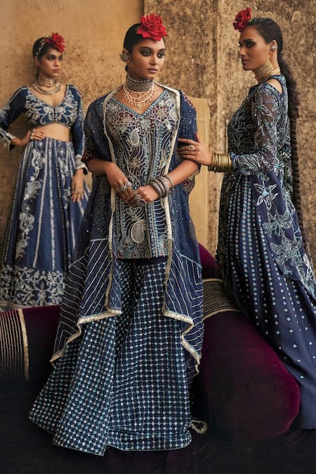 Buy_Megha Bansal_Blue Tulle, Silk Organza, Viscose Neel Lubina Hand Kurta Sharara Set _Online_at_Aza_Fashions