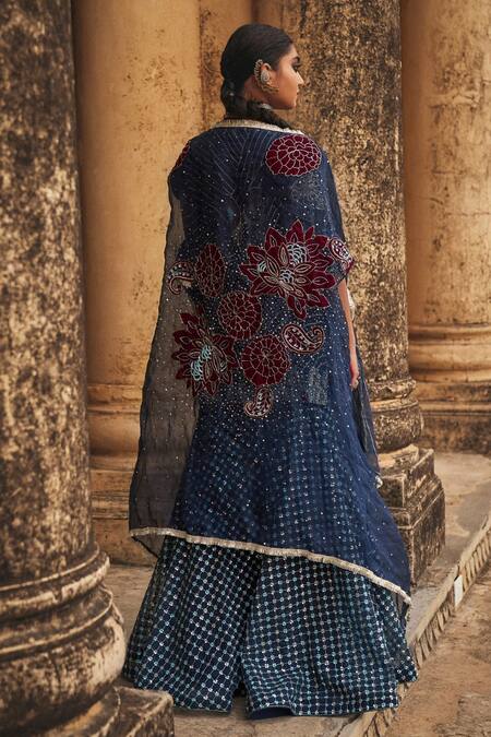 Shop_Megha Bansal_Blue Tulle, Silk Organza, Viscose Neel Lubina Hand Kurta Sharara Set _Online_at_Aza_Fashions