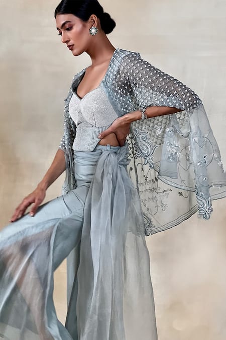 Shop Megha Bansal Blue Silk Organza, Viscose Embroidery, Beads Manorama Mantra Hand Cape Pant Set Online at Aza Fashions Shop_Megha Bansal_Blue Silk Organza, Viscose Embroidery, Beads Manorama Mantra Hand Cape Pant Set _Online_at_Aza_Fashions