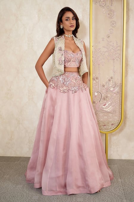 Megha Bansal Pink Satin Silk Organza Hand Embroidery Lilies Blouse Lehenga Gilet Jacket Set 