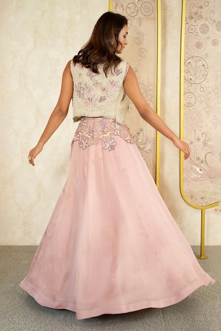 Megha Bansal Lilies Embroidered Lehenga Gilet Jacket Set 