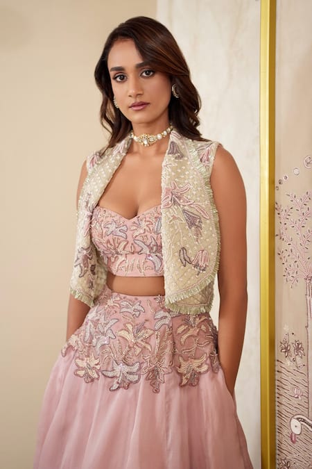 Shop Megha Bansal Pink , Chanderi, Viscose, Organza Lilies Lehenga Gilet Jacket Set Online at Aza Fashions Shop_Megha Bansal_Pink , Chanderi, Viscose, Organza Lilies Lehenga Gilet Jacket Set _Online_at_Aza_Fashions