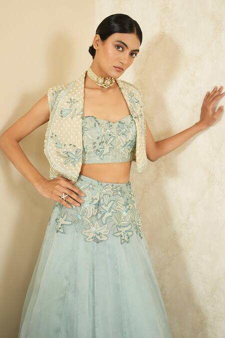 Megha Bansal_Blue , Satin, Organza Beads, Aasmani Zanbaq Lehenga And Akira Gilet Set _Online_at_Aza_Fashions