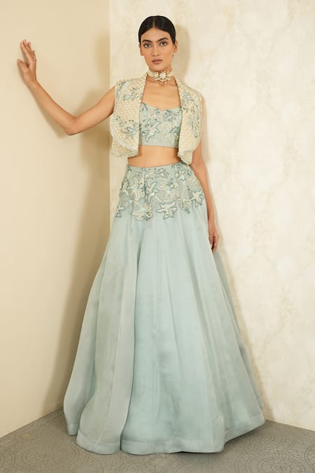 Buy_Megha Bansal_Blue , Satin, Organza Beads, Aasmani Zanbaq Lehenga And Akira Gilet Set _Online_at_Aza_Fashions