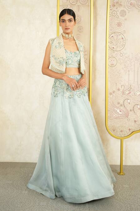 Shop_Megha Bansal_Blue , Satin, Organza Beads, Aasmani Zanbaq Lehenga And Akira Gilet Set _Online_at_Aza_Fashions