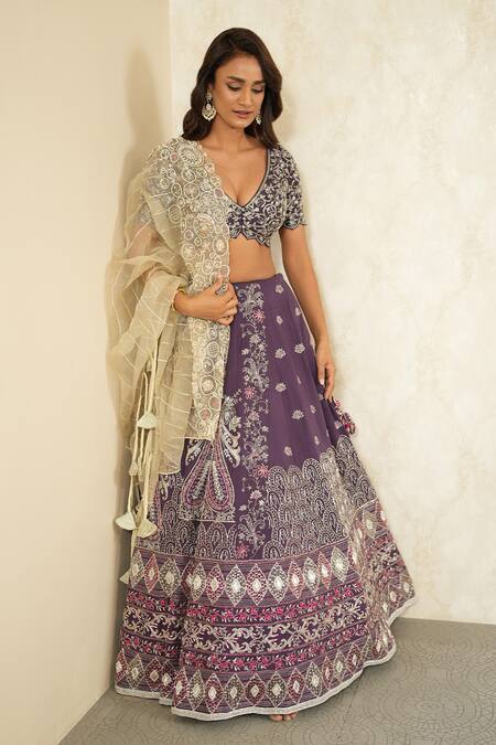 Megha Bansal_Purple , Organza, Linen Embroidery, Jamuni Naazneen Bridal Lehenga Set _Online_at_Aza_Fashions