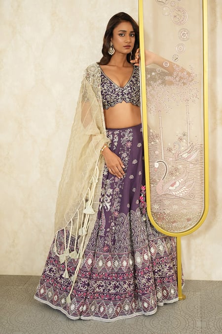 Megha Bansal_Purple , Organza, Linen Embroidery, Jamuni Naazneen Bridal Lehenga Set _at_Aza_Fashions