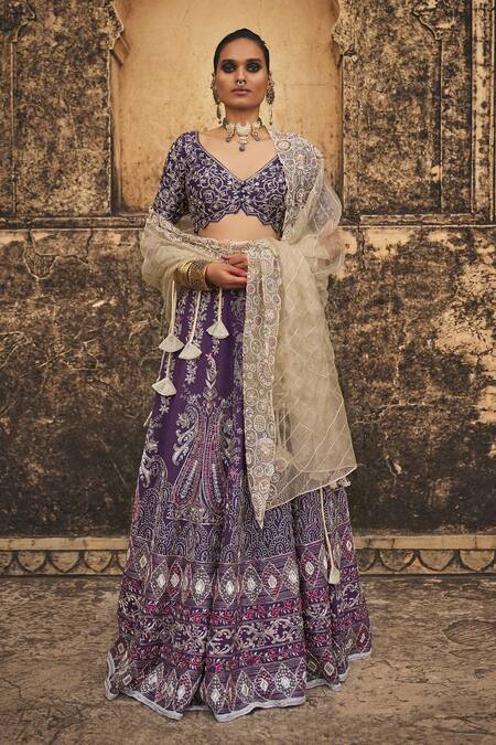 Shop_Megha Bansal_Purple , Organza, Linen Embroidery, Jamuni Naazneen Bridal Lehenga Set 