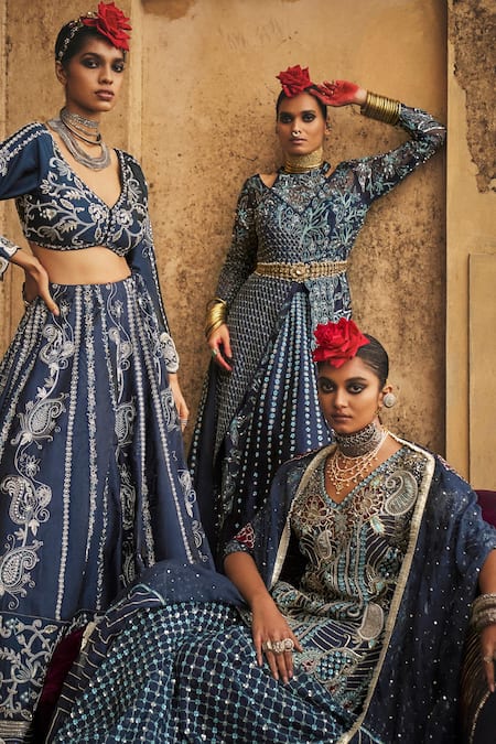 Megha Bansal_Blue Silk Organza, Viscose Embroidery Neel Aasmeen Hand Bridal Lehenga Set _Online_at_Aza_Fashions