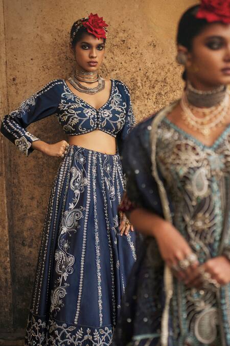 Buy_Megha Bansal_Blue Silk Organza, Viscose Embroidery Neel Aasmeen Hand Bridal Lehenga Set _Online_at_Aza_Fashions