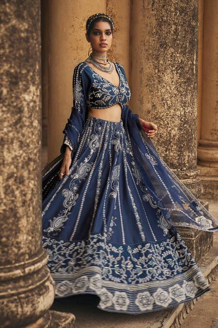Shop_Megha Bansal_Blue Silk Organza, Viscose Embroidery Neel Aasmeen Hand Bridal Lehenga Set _Online_at_Aza_Fashions