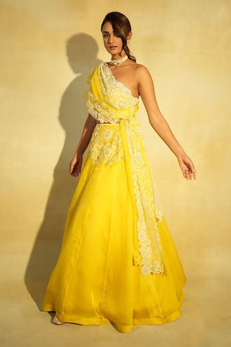 Megha Bansal_Yellow Silk Organza, Tulle, Linen Embroidery Tarini Lehenga With Draped Blouse _Online_at_Aza_Fashions