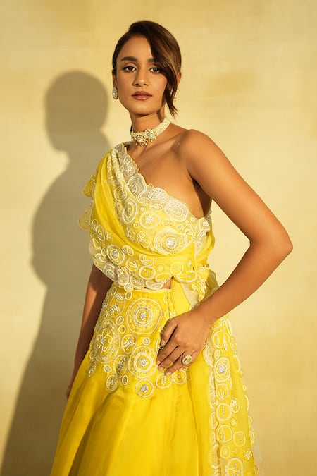 Shop_Megha Bansal_Yellow Silk Organza, Tulle, Linen Embroidery Tarini Lehenga With Draped Blouse _Online_at_Aza_Fashions