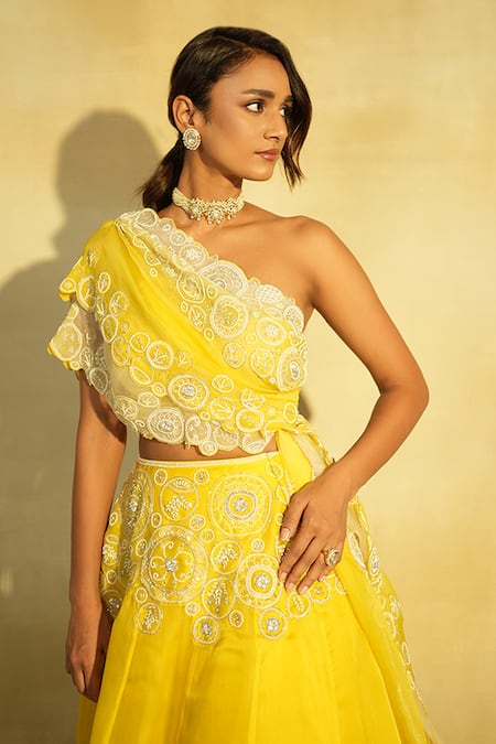 Megha Bansal_Yellow Silk Organza, Tulle, Linen Embroidery Tarini Lehenga With Draped Blouse _at_Aza_Fashions
