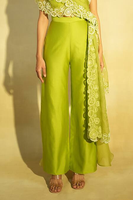 Buy_Megha Bansal_Green Tulle, Satin, Silk, Viscose Embroidery Taarini Draped Blouse With Pant _Online_at_Aza_Fashions