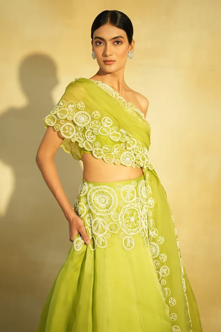 Megha Bansal_Green Silk Organza, Tulle Tarini Placement Lehenga With Draped Blouse _Online_at_Aza_Fashions