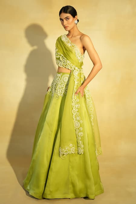Buy_Megha Bansal_Green Silk Organza, Tulle Tarini Placement Lehenga With Draped Blouse _Online_at_Aza_Fashions