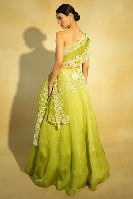 Shop_Megha Bansal_Green Silk Organza, Tulle Tarini Placement Lehenga With Draped Blouse _Online_at_Aza_Fashions
