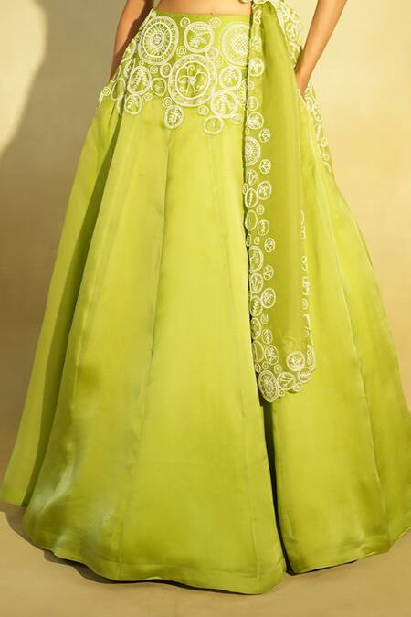 Megha Bansal_Green Silk Organza, Tulle Tarini Placement Lehenga With Draped Blouse _at_Aza_Fashions