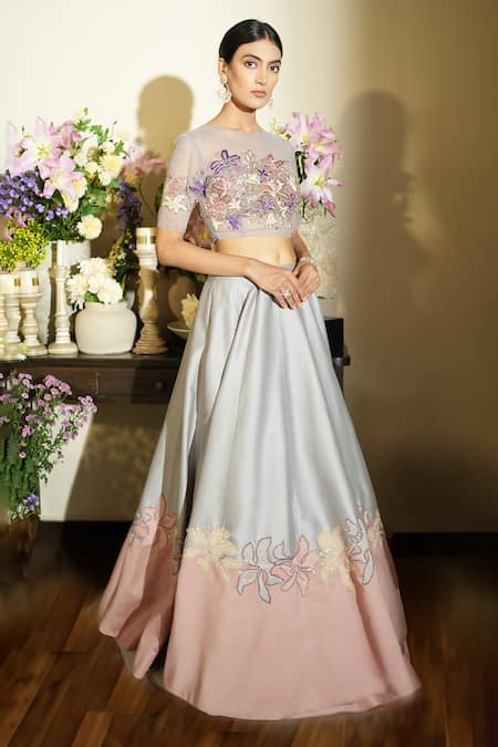 Megha Bansal_Purple Tulle, Silk, Chanderi Embroidery Round Neck Layah Two Tone Lehenga Set _Online_at_Aza_Fashions
