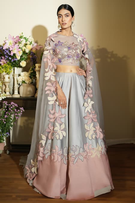 Buy_Megha Bansal_Purple Tulle, Silk, Chanderi Embroidery Round Neck Layah Two Tone Lehenga Set _Online_at_Aza_Fashions