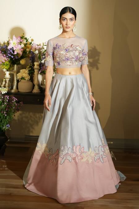 Shop_Megha Bansal_Purple Tulle, Silk, Chanderi Embroidery Round Neck Layah Two Tone Lehenga Set _Online_at_Aza_Fashions