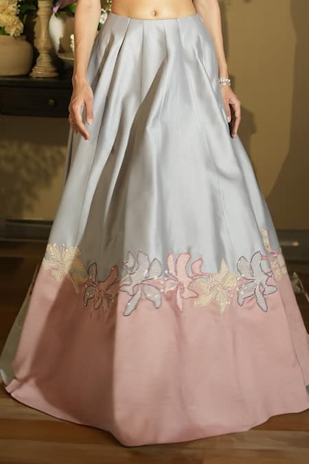 Megha Bansal_Purple Tulle, Silk, Chanderi Embroidery Round Neck Layah Two Tone Lehenga Set _at_Aza_Fashions