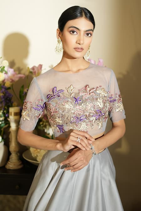 Buy_Megha Bansal_Purple Tulle, Silk, Chanderi Embroidery Round Neck Layah Two Tone Lehenga Set 