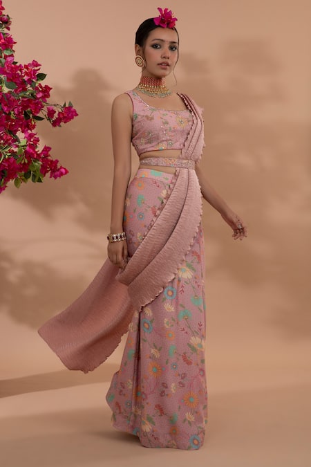 Show Shaa_Pink Satin, Crepe Sequins, Embroidery Round Usha Pre-draped Saree With Blouse _Online_at_Aza_Fashions