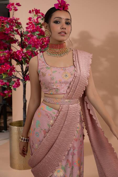 Buy_Show Shaa_Pink Satin, Crepe Sequins, Embroidery Round Usha Pre-draped Saree With Blouse _Online_at_Aza_Fashions