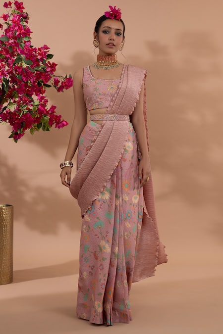 Shop_Show Shaa_Pink Satin, Crepe Sequins, Embroidery Round Usha Pre-draped Saree With Blouse _Online_at_Aza_Fashions