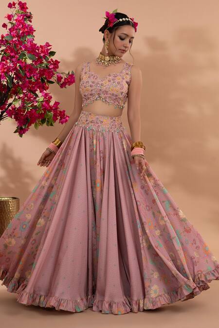 Show Shaa_Pink Satin, Net Embroidery Sweetheart Neck Gulistan Print Lehenga Set _Online_at_Aza_Fashions