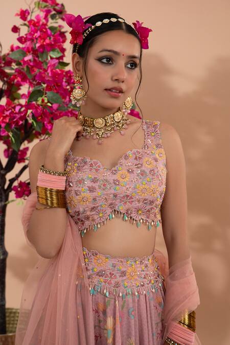 Buy_Show Shaa_Pink Satin, Net Embroidery Sweetheart Neck Gulistan Print Lehenga Set _Online_at_Aza_Fashions