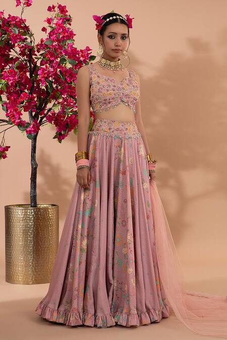 Shop_Show Shaa_Pink Satin, Net Embroidery Sweetheart Neck Gulistan Print Lehenga Set _Online_at_Aza_Fashions