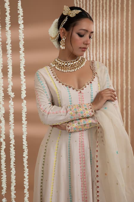 Show Shaa_Ivory Organza, Chanderi Embroidery, Sequins Vasanti Anarkali With Dupatta _Online_at_Aza_Fashions