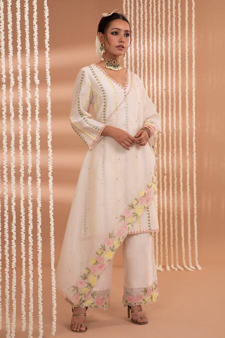 Shop_Show Shaa_Ivory Chanderi, Cotton Satin, Organza Embroidery V-neck Madhur Kurta Pant Set _Online_at_Aza_Fashions