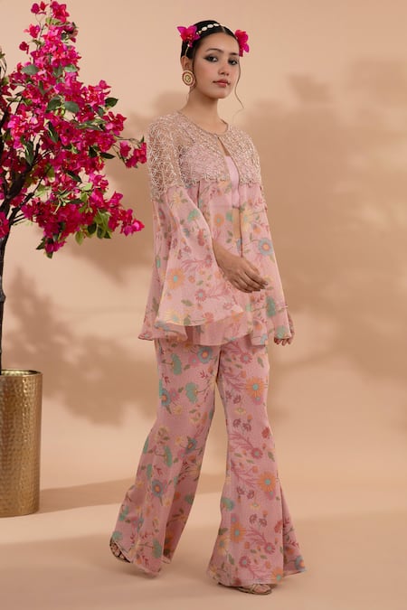 Show Shaa Pink Satin, Chiffon Cut Work Round Neck Bhora Floral Print Cape Pant Set  2