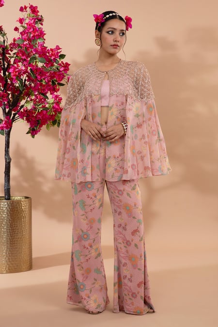 Show Shaa Pink Satin, Chiffon Cut Work Round Neck Bhora Floral Print Cape Pant Set  3