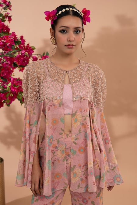 Show Shaa Pink Satin, Chiffon Cut Work Round Neck Bhora Floral Print Cape Pant Set  4
