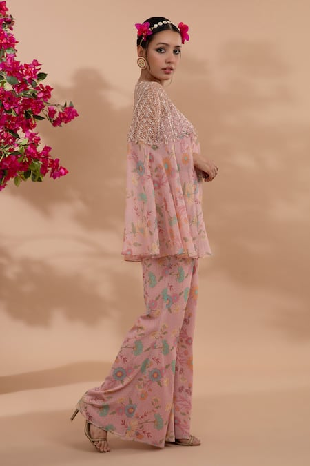 Show Shaa Pink Satin, Chiffon Cut Work Round Neck Bhora Floral Print Cape Pant Set  5