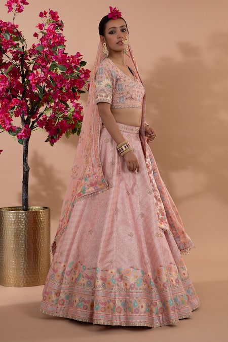Show Shaa_Pink Silk Sequins, Embroidery V-neck Manjari Floral Print Lehenga Set _Online_at_Aza_Fashions