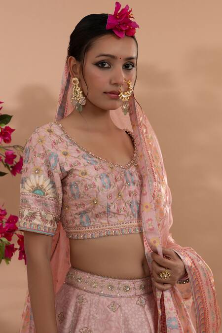 Buy_Show Shaa_Pink Silk Sequins, Embroidery V-neck Manjari Floral Print Lehenga Set _Online_at_Aza_Fashions