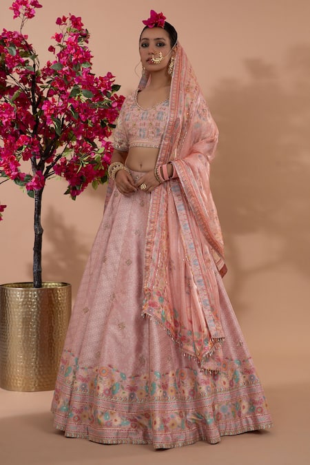 Shop_Show Shaa_Pink Silk Sequins, Embroidery V-neck Manjari Floral Print Lehenga Set _Online_at_Aza_Fashions