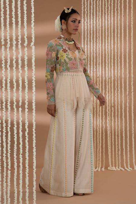 Show Shaa_Ivory Net, Chanderi Sequins, Embroidery Shirin Floral Peplum Jacket Pant Set _Online_at_Aza_Fashions