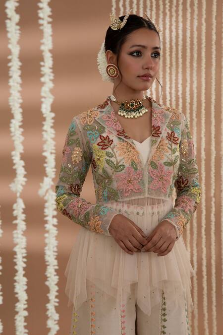 Buy_Show Shaa_Ivory Net, Chanderi Sequins, Embroidery Shirin Floral Peplum Jacket Pant Set _Online_at_Aza_Fashions