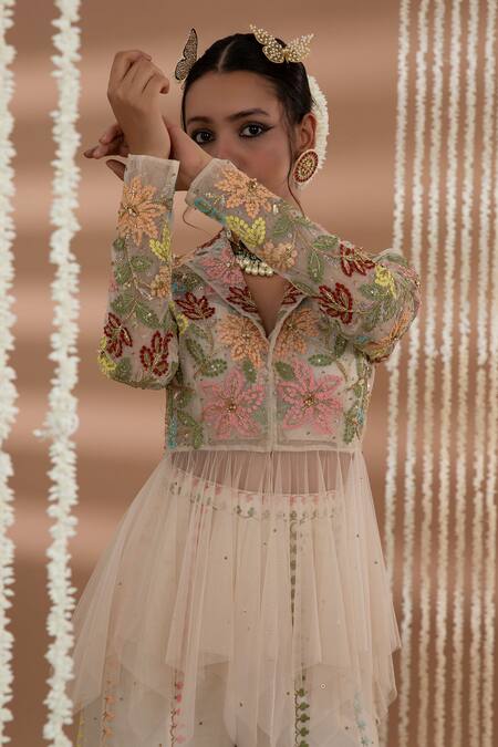 Shop_Show Shaa_Ivory Net, Chanderi Sequins, Embroidery Shirin Floral Peplum Jacket Pant Set _Online_at_Aza_Fashions