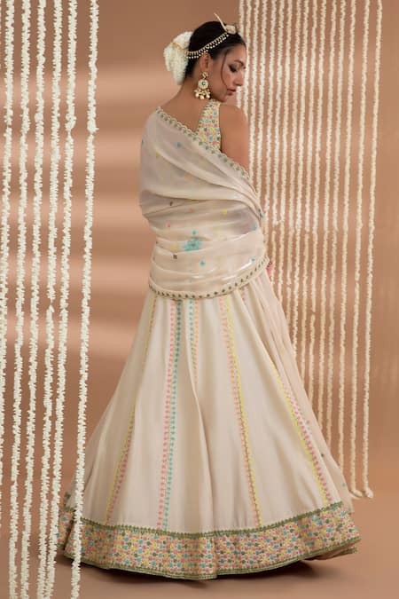 Shop_Show Shaa_Ivory Chanderi, Silk Sequins, Embroidery V-neck Meheka Lehenga Set _at_Aza_Fashions