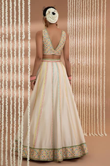 Show Shaa_Ivory Chanderi, Silk Sequins, Embroidery V-neck Meheka Lehenga Set _Online_at_Aza_Fashions