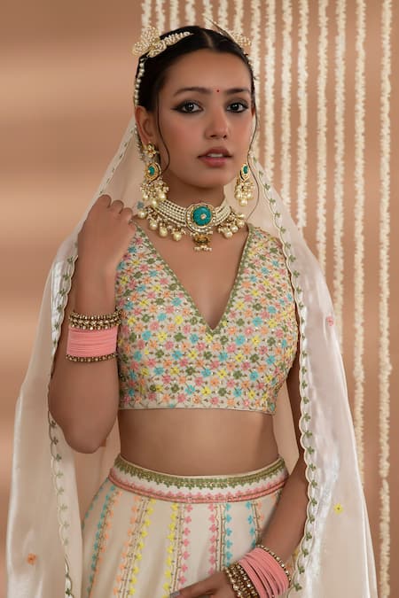 Buy_Show Shaa_Ivory Chanderi, Silk Sequins, Embroidery V-neck Meheka Lehenga Set _Online_at_Aza_Fashions